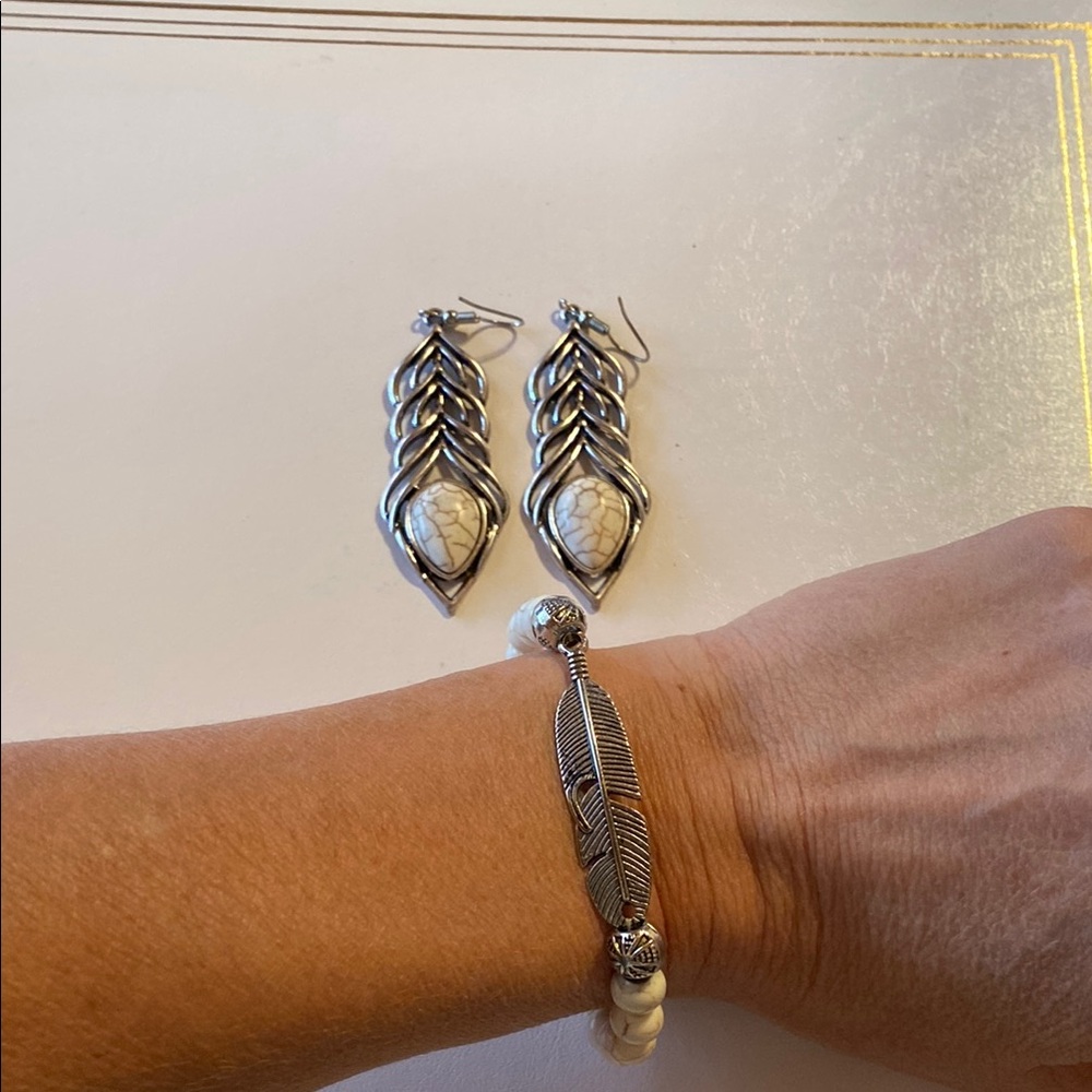 Silver Feather Bracelet and Earrings Set